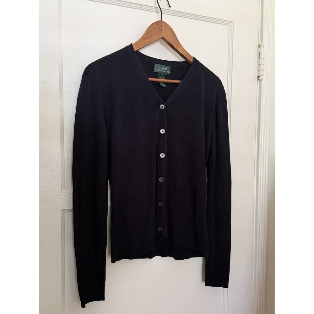 Lauren Ralph Lauren Sweater Cardigan Silk Black Blue Long Sleeve Medium VTG